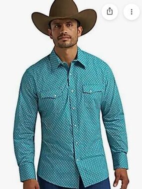 Wrangler Wrancher Men's Teal Patterned Button-Up Shirt